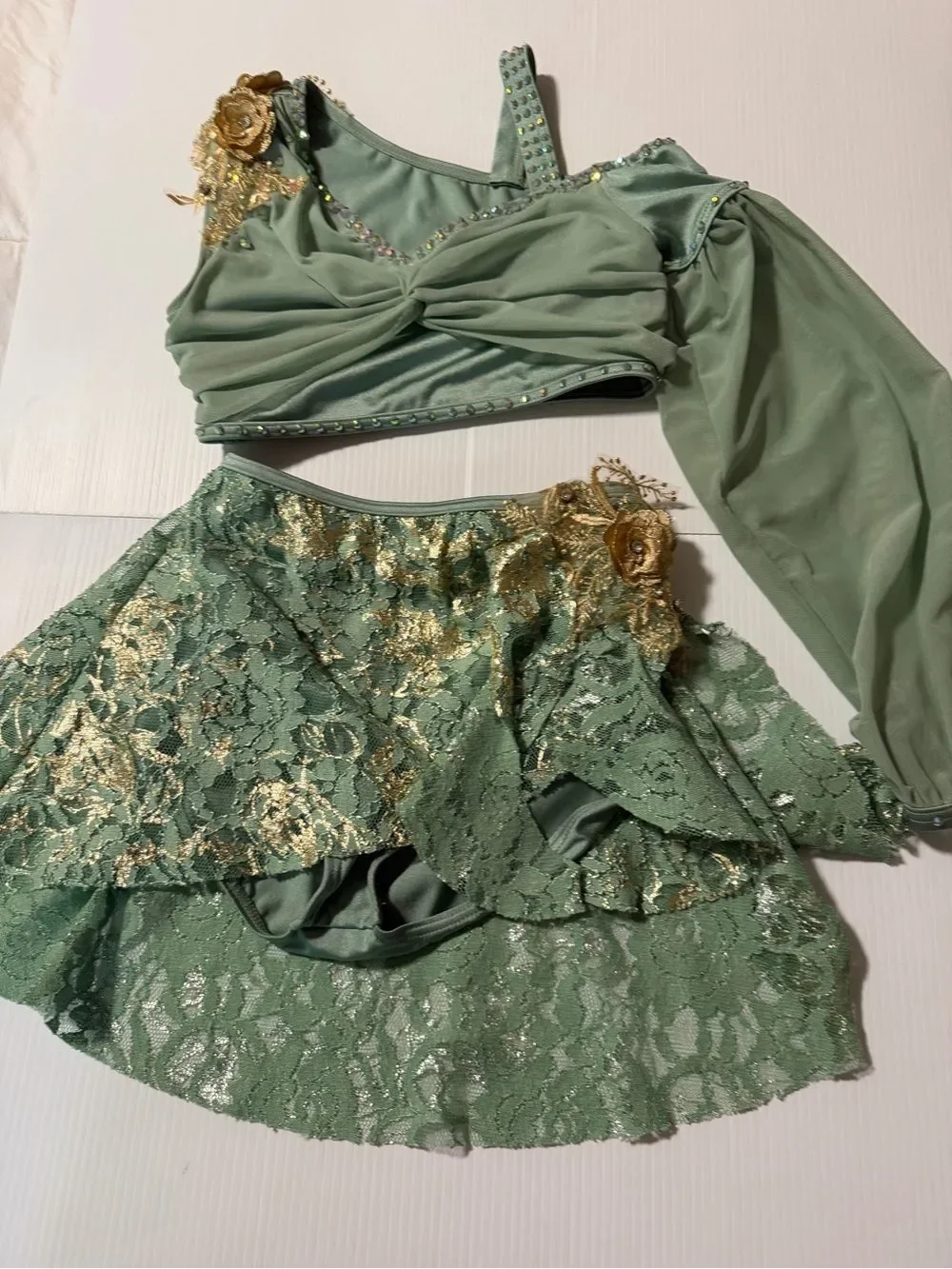 Weissman Elite dance costume 2 piece August 15286 sage green MC-Medium child
